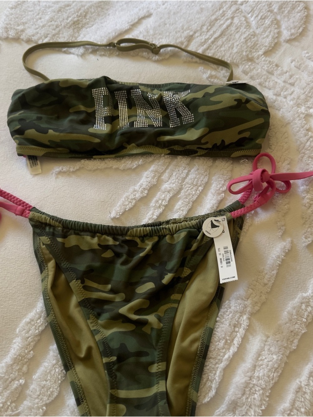 PINK Victoria's Secret Green Camo Bandeau Bikini with Pink Tie Sides - Picture 2 of 6